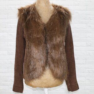 LISA INTERNATIONAL Cardigan Faux Fur Collar Knit Sweater Chocolate Brown Large